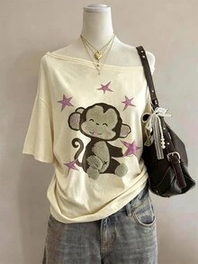 Lalippa 可愛猴子印花時尚簡約女款圓領T恤，送給朋友的禮物 - 杏色 - 查看 4