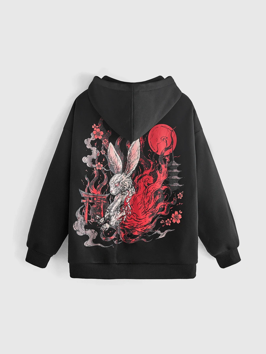 ROMWE Avant Japanese Style Plus Size Women's Hooded Sweatshirt Jacket With Rabbit Flame Print, Loose Street Casual Zip-Up Top Halloween - Black - View 1