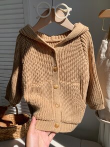 SHEIN 嬰兒男孩女孩通用 素色百搭舒適連帽長袖開襟針織外套 秋冬適用 - 卡其色 - 查看 3