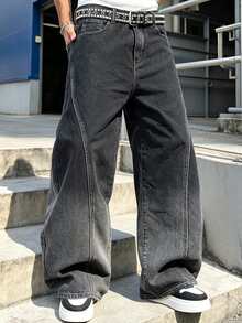 Manfinity EMRG Men's Fashion Street Spider Print Gradient Washed Denim Loose Wide Leg Pants - Black - View 2
