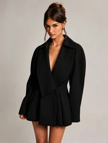 SHEIN BAE 女款純色大翻領長袖優雅西裝外套 - 黑色 - 查看 6