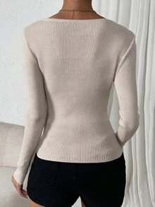 SHEIN LUNE 女款極簡百搭長袖套頭毛衣，適合日常穿著 - 杏色 - 查看 2