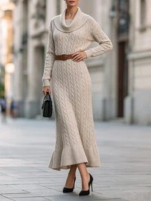 SHEIN Franclia Gaun Rajut Elegan Lengan Panjang Leher Tinggi untuk Wanita - Aprikot - View 6