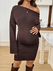 SHEIN Maternity Solid Color Asymmetrical Shoulder Casual Daily Summer Dress Fall - Brown - View 6