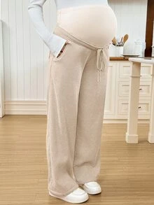 SHEIN Maternity Solid Color Adjustable Waist Straight Leg Casual Pants - Khaki - View 6