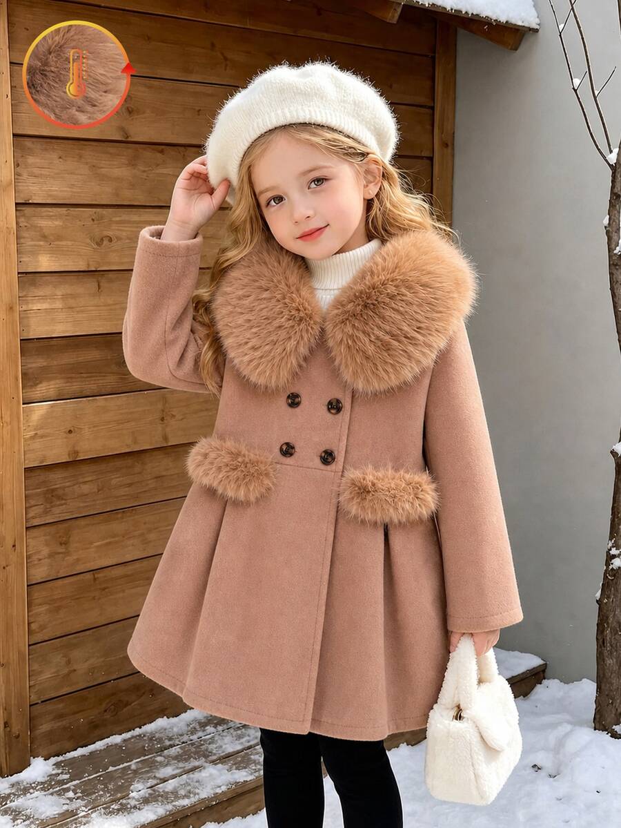 Elladie kids 女童棕色雙排扣毛領大衣,附口袋與毛飾邊,中長版秋冬羊毛外套 - 摩卡棕 - 查看 1