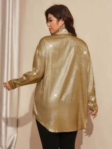 Comfylo 大尺碼女款金屬質感落肩長袖單排扣寬鬆襯衫 - 金色 - 查看 8