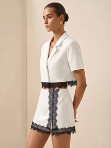Briarwyn Women's French Lace Patchwork Button Jacket And Slit Mini Skirt 2 Pieces Set - White - View 5