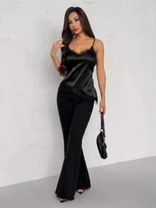 SHEIN PETITE Women's Solid Color Contrast Lace Asymmetric Hem Cami Top - Black - View 6