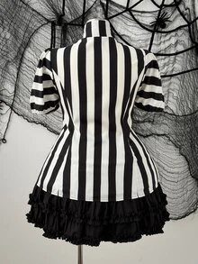 Sunspun Plus Size Halloween Striped Lace Patchwork Blouse - Multicolor - View 2