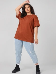 SHEIN BASICS 大尺碼捲袖口純色夏季上衣 - 鏽棕色 - 查看 5