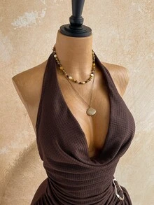 Soleia Women's Casual Brown Jumpsuit Summer Set, Paired With Gold Accessories, Suitable For Vacation, Beach Holiday And Other Occasions. - Brown - View 4