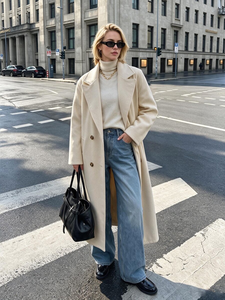 Struktiv Women's Autumn/Winter Fashion Long Solid Color H-Line Minimalist Double-Breasted Shoulder-Fit Wool Coat, Versatile For Date, Daily Commute, Party - Apricot - View 1