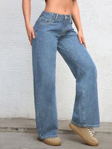 Jeanoix Petite Y2K Women's Outdoor All-Season Commute Fashion Blue Wide Leg Jeans - Light Wash - View 6