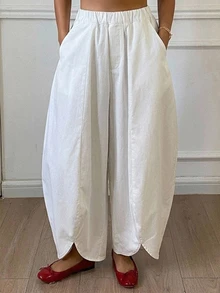 Dazy Plus All White Elastic Waist Petal Cuff Loose Harem Pants, Casual Cargo Cropped Length Denim Jeans For Girls, Vacation Style Fall Going Out - White - View 3