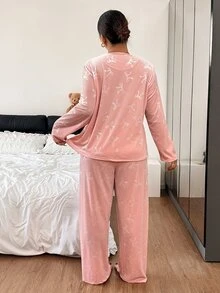 Napfluff CURVE Napfluff CURVE Plus Size Women's Embossed Gold Velvet Pajama Set - Pink - View 2
