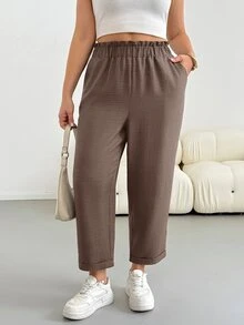 Shapeblank Plus Size Casual Versatile Solid Color Pants - Mocha Brown - View 5