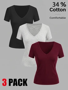 SHEIN EZwear 3件組女款純色V領短袖休閒T恤 - 彩色 - 查看 2