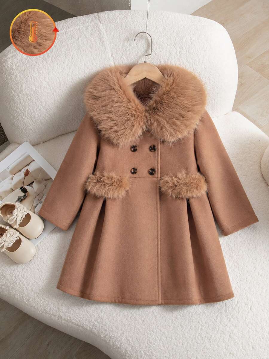 Elladie kids Mantel Panjang Anak Perempuan Warna Cokelat dengan Kerah Bulu, Saku, dan Hiasan Bulu, Jaket Wol Musim Gugur/Dingin Panjang Sedang - Mocha Brown - View 1