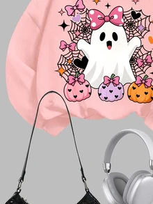 SHEIN 甜美粉色與黑色萬聖節南瓜、幽靈、蜘蛛網、波點圖案，「Hey Bootiful」不給糖就搗蛋！女童休閒柔軟寬鬆圓領套頭運動衫與內搭褲套裝，秋冬日常穿著新風格，萬聖節、甜美風、南瓜季，BOO! - 彩色 - 查看 7