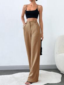 SHEIN Plus Size Women's Solid Slant Pocket Straight Leg Casual Racing Pants Office Brunch Brown Summer - Camel - View 3