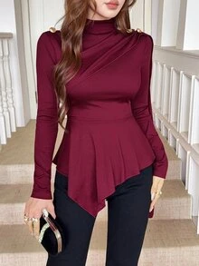 Feyla New Design Asymmetrical High Neck Slim Fit Fashion Ribbon Versatile Long Sleeve Top - Burgundy - View 7