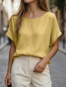 SHEIN 女款純色圓領休閒日常穿著襯衫 - 芥末黃 - 查看 3