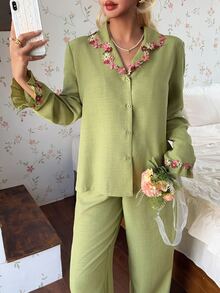 CottageSlumber Women's Embroidered Lace Trim Lapel Open Front Long Sleeve Pajama Set With Long Pants - Green - View 6