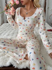 CottageSlumber Women's Pastoral Fruit Print Lace Collar Long Sleeve Long Pants Pajama Set - Apricot - View 3