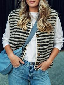 Holdful Holdful Fall Clothes FOR WomenWomen's Striped Single-Breasted Casual Autumn/Winter Vest Jacket - Black and White - View 4