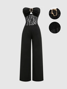Sweetra Women's Elegant Versatile Fashion Commute & Top Bandeau Contrast Lace Black Jumpsuit - Black - View 1