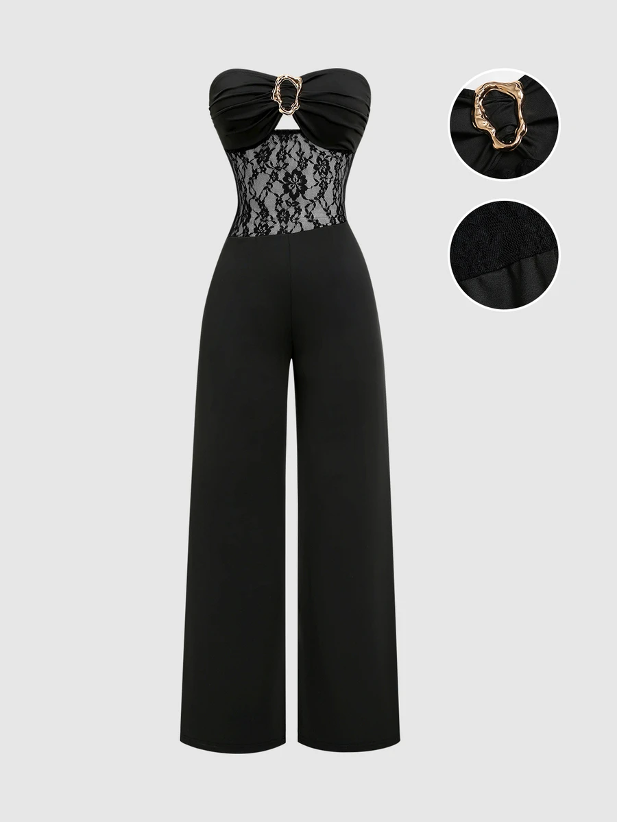 Sweetra Women's Elegant Versatile Fashion Commute & Top Bandeau Contrast Lace Black Jumpsuit - Black - View 1