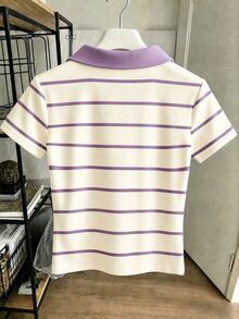 SHEIN 兒童青少年女孩奶油色與紫色配色，復古拼色條紋可愛櫻桃印花圖案，休閒隨性印花短袖上衣，夏季 - 白色 - 查看 2
