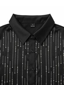 Balvessa Women's Black Shirt Collar Long Sleeve Loose Blouse, Woven Satin Fabric, Vertical Rhinestone Decor Button Front, Suitable For Daily Commute, Gathering, Party, Office Wear, Spring And Autumn Long Sleeve Shirt - Black - View 3