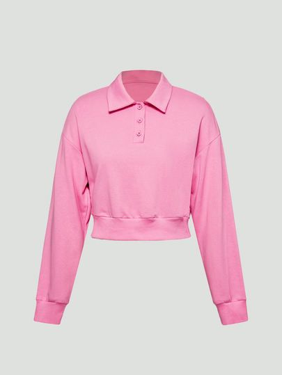SHAPORA Solid Color Polo Collar Casual Long Sleeve Short Length Women's Pajama Top