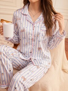 Provexi Provexi Women's Long Sleeve Long Pants Cartoon Print 2 Pieces Pajama Set - White - View 6