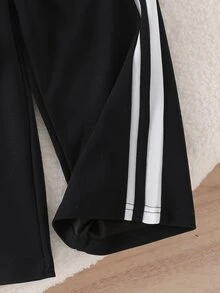 SHEIN 2件組少女 Polo 衫 + 長褲，學院風白色黑色馬術刺繡側條紋長袖 V 領休閒校服，適合秋季生日女孩運動風 - 黑色 - 查看 5