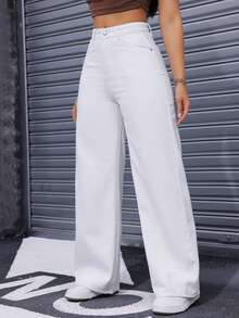SHEIN PETITE White High-Waist Straight Leg Denim Jeans - White - View 7