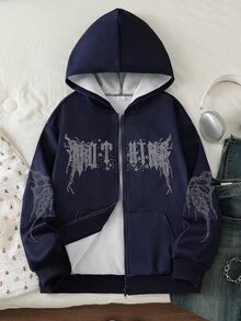 SHEIN 1件青少年女孩休閒極簡字母印花口袋拉鍊連帽長袖運動夾克，街頭風，秋冬必備 - 藍色 - 查看 5
