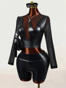 Mistrie Women's Sexy Goth Fitted Fashion Mesh Patchwork Cropped Top Halloween Night Out Clubbing Black Fall - Black - View 3