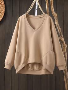 Rusticease Plus Size Women V-Neck Long Sleeve High-Low Hem Casual Loose Fit Básica Baggy Sweatshirt Formal Home Wear Khaki Autumn Fall Vacation Birthday - Apricot - View 3