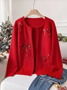 SHEIN Clasi Cardigan Rajut Wanita Ukuran Besar Lengan Panjang Berpayet dengan Pita dan Bagian Depan Terbuka, Warna Merah Musim Gugur, Motif Langit Berpayet - Merah - View 1
