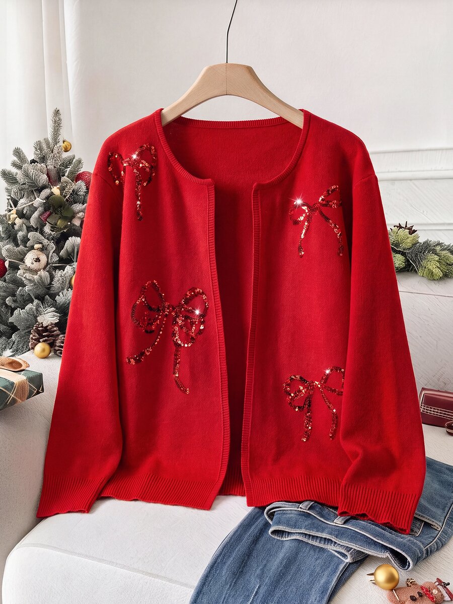 SHEIN Clasi Cardigan Rajut Wanita Ukuran Besar Lengan Panjang Berpayet dengan Pita dan Bagian Depan Terbuka, Warna Merah Musim Gugur, Motif Langit Berpayet - Merah - View 1