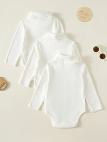 SHEIN 中性新生兒男嬰/女嬰 3件組秋冬保暖內裡加厚休閒百搭高領長袖連身衣套裝，嬰兒冬季連身衣，高彈性易穿脫 - 白色 - 查看 2