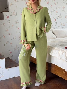CottageSlumber Women's Embroidered Lace Trim Lapel Open Front Long Sleeve Pajama Set With Long Pants - Green - View 7
