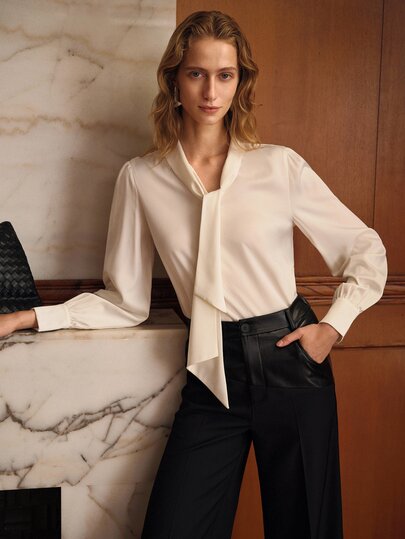 MOTF PREMIUM WOMEN'S SPRING/AUTUMN SOLID COLOR TIE NECK BLOUSE FOR DAILY OFFICE COMMUTE