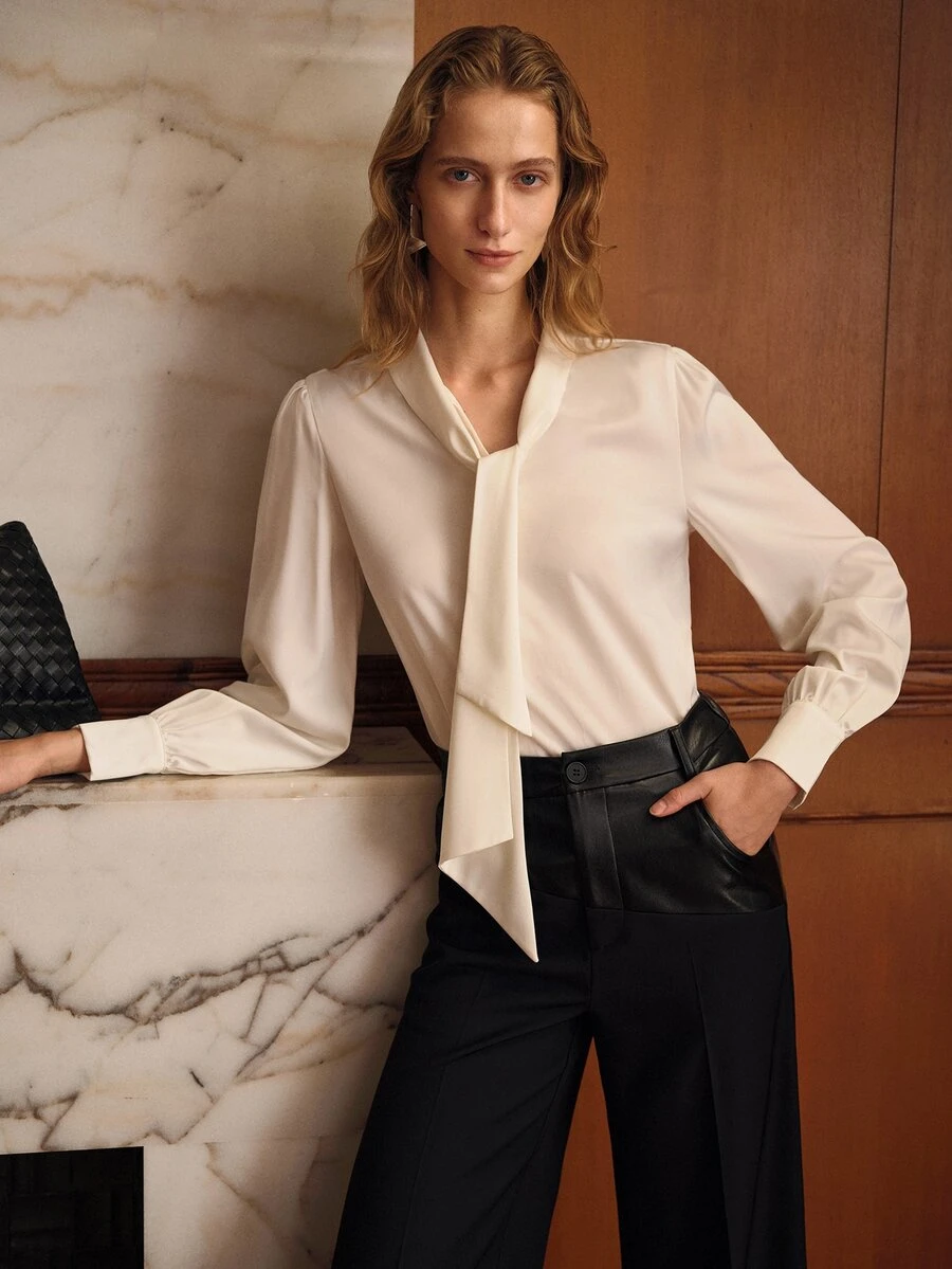 MOTF PREMIUM WOMEN'S SPRING/AUTUMN SOLID COLOR TIE NECK BLOUSE FOR DAILY OFFICE COMMUTE - White - View 1