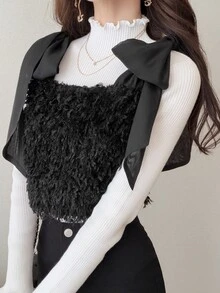 FRIFUL Women's Fashionable Versatile Shoulder Knot Top - Black - View 1