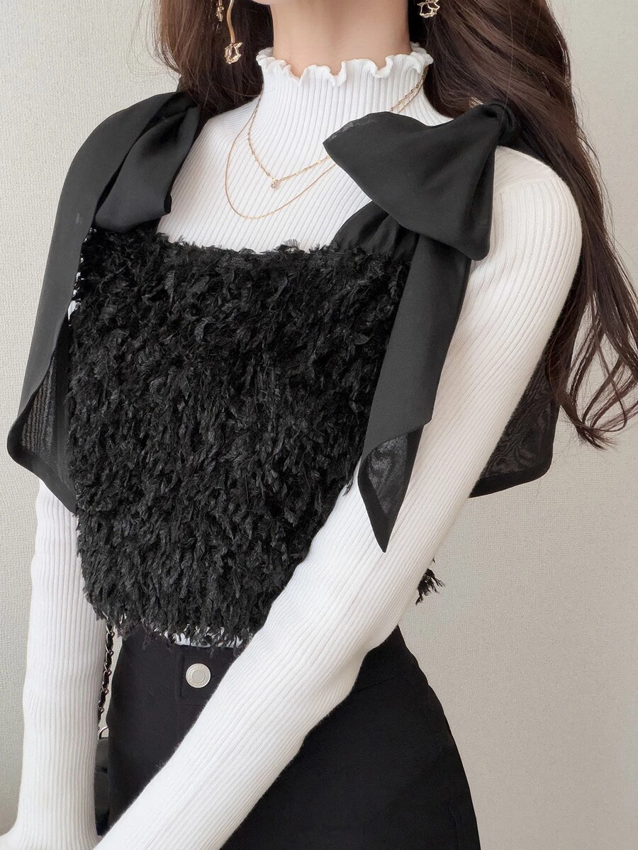 FRIFUL Women's Fashionable Versatile Shoulder Knot Top - Black - View 1