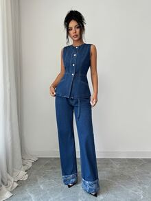 Elenzga 女款鈕扣背心外套與口袋長褲牛仔套裝 - 藍色 - 查看 4
